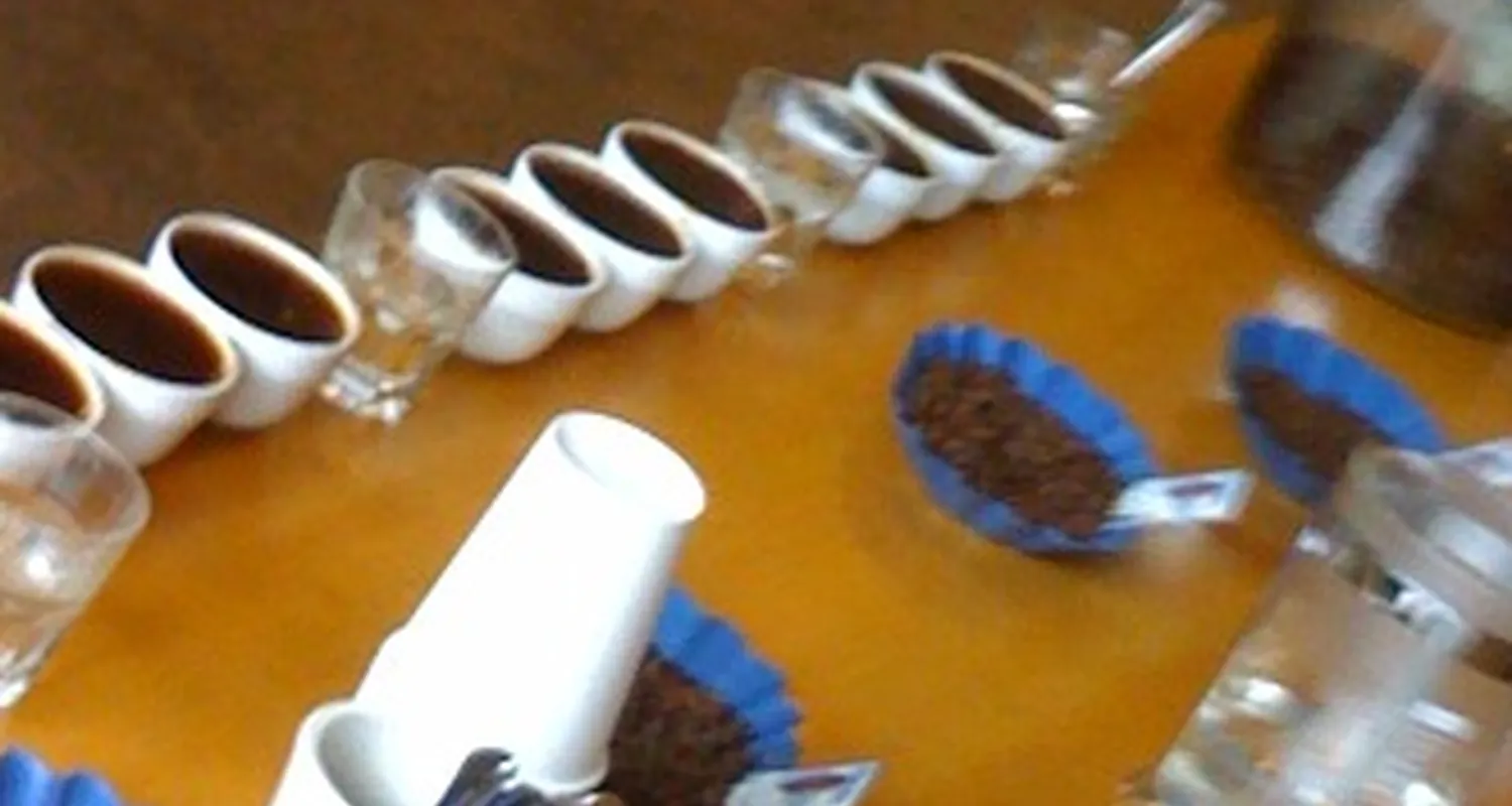 Cupping bowls, spoons, and roasted bean samples on a wooden tasting table